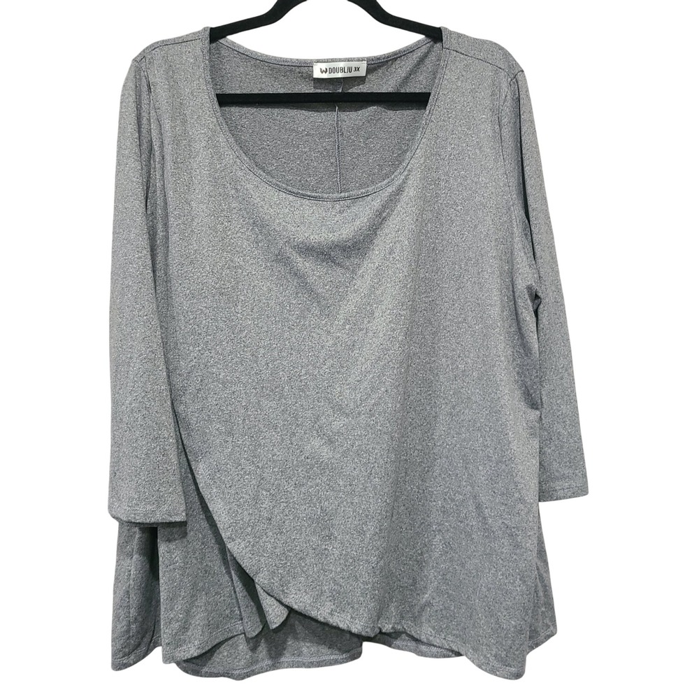Doublju Womens Plus 3X Gray Heathered Wrap Front 3/4 Sleeve Tunic Top